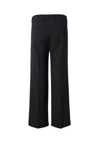 Sorte bukser med vide ben, bæltestropper og to baglommer med kant, vist bagfra.