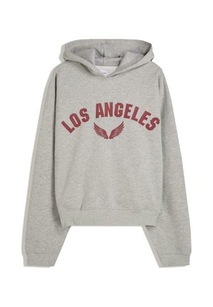 Grau-hoodie mit lockerer Passform und einem Vorderdruck mit dem Text "LOS ANGELES" in Burgunderrot, unter dem Text sind Flügelgrafiken zu sehen.