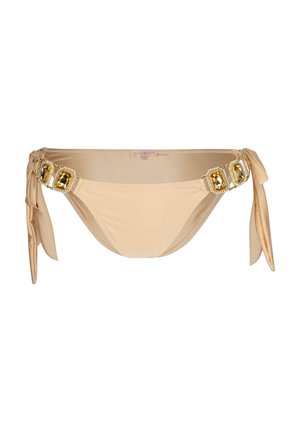 Muta bikini inferiore realizzata in tessuto morbido con una vita decorata da gioielli e dettagli dorati, con lacci su entrambi i lati.
