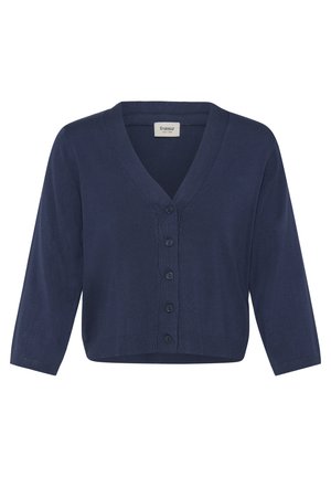 Tmavomodrý krátky kardigán s výstrihom do V, piatimi gombíkmi vpredu, tromištvrťovými rukávmi a rebrovaným lemom a manžetami, značky Fransa.