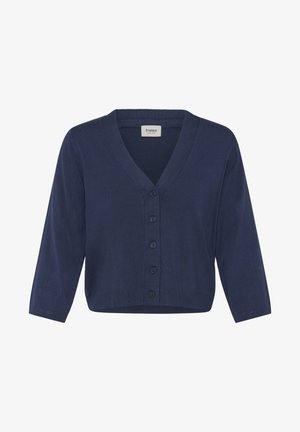 Tumesinine lühem kardigan V-kaelusega, viie ees oleva nupu, kolmeveerandvarrukate ning soonikkude ääre ja varrukakääristega, Fransa kaubamärgiga.