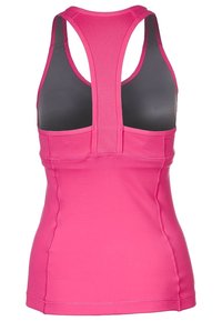Débardeur de sport rose avec un design dos nageur, doté d'un tissu texturé et d'une doublure intérieure grise contrastante.