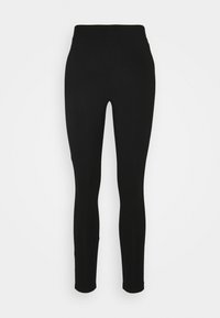 Mustat korkeavyötäröiset kapeat leggingsit saumattomalla designilla, nilkkapituus, esillä valkoista taustaa vasten.