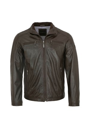 Braune Lederjacke mit Reißverschluss, Stehkragen und zwei Reißverschlusstaschen auf der Brust. Glatte Textur und figurbetonter Schnitt.