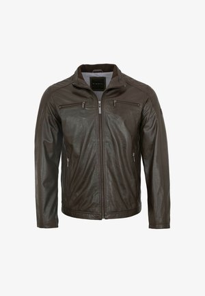 Braune Lederjacke mit Reißverschluss, Stehkragen und zwei Reißverschlusstaschen auf der Brust. Glatte Textur und figurbetonter Schnitt.