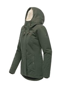Green hooded jacket with a soft fleece lining, featuring a front zipper, snap buttons, and side pockets. Slightly longer back hem.