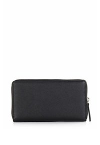 Black leather wallet with a textured finish, rectangular shape, top zipper closure, and subtle stitching details along the edges.