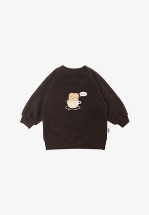 Brauner Sweatshirt mit Rundhalsausschnitt und langen Ärmeln. Mit einem Cartoon-Design von Brot in einer Tasse und dem Text "BONJOUR".