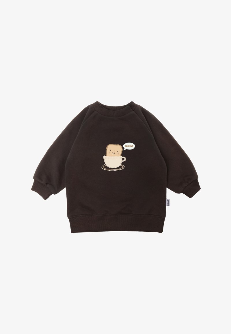 Brauner Sweatshirt mit Rundhalsausschnitt und langen Ärmeln. Mit einem Cartoon-Design von Brot in einer Tasse und dem Text "BONJOUR".