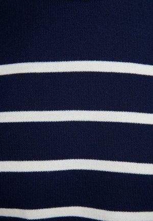 Maglione a maglia blu navy con strisce orizzontali bianche. Il materiale ha una texture liscia con un design classico a girocollo.