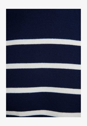 Navyblauw gebreid sweater met horizontale witte strepen. Het materiaal heeft een soepele textuur en een klassieke ronde hals.