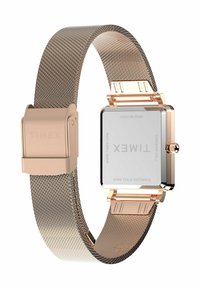 Timex-Uhr mit einem quadratischen Gehäuse aus Roségold, einem Mesh-Armband und einer Schnallenverschluss. Das Design ist minimalistisch mit einem glatten, reflektierenden Zifferblatt.