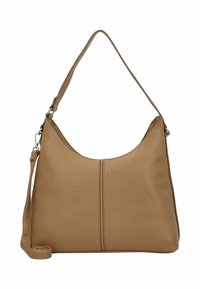 Hellbraune Leder-Umhängetasche mit geschwungenem Design, verstellbarem Riemen und strukturierter Oberfläche. Verfügt über eine zentrale Naht und minimales Zubehör.
