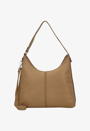 Barna bőr válltáska ívelt kialakítással, állítható pánttal és texturált felülettel. Középső varrással és minimalista hardverrel rendelkezik.