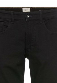 Zwarte denim jeans met een klassieke vijf-pocketontwerp, knoopsluiting en contrasterende gele stiksels. Zachte textuur, rechte pasvorm.