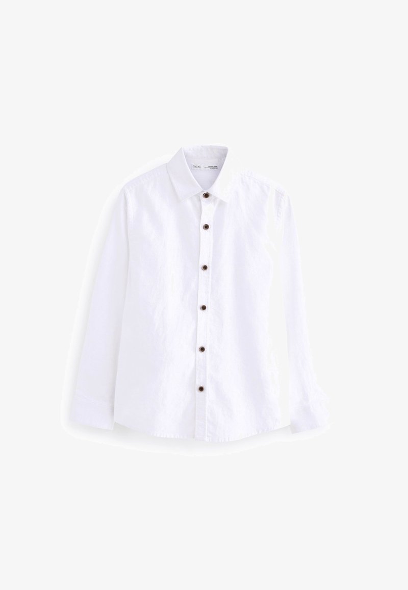 Chemise blanche à manches longues avec boutons foncés et col classique, présentée sur fond blanc.