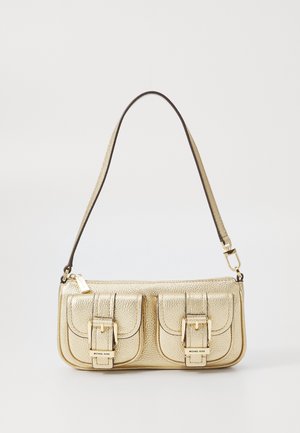 Gold textured leather shoulder bag with two front buckle pockets and a slim strap, featuring Michael Kors branding.