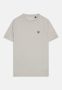 Grey cotton t-shirt with a round neckline, short sleeves, and a small yellow embroidered bird logo on the left chest. Smooth texture.