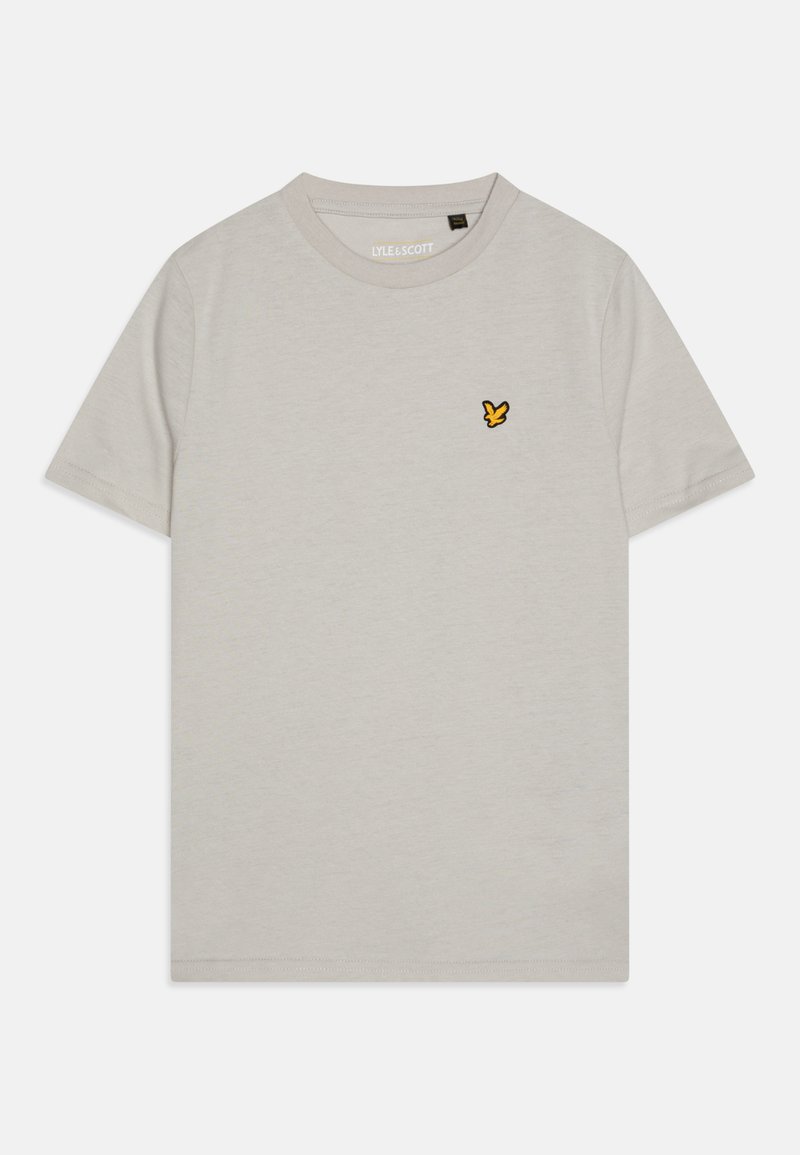 Camiseta cinza de algodão com decote redondo, mangas curtas e um pequeno logótipo de um pássaro bordado amarelo no lado esquerdo do peito. Textura suave.