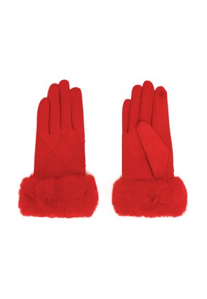 Guanti rossi con un design trapuntato sulle dita e un polsino soffice e texturizzato. Realizzati in materiale morbido per calore e comfort.