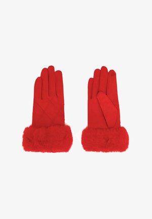 Guanti rossi con un design trapuntato sulle dita e un polsino soffice e texturizzato. Realizzati in materiale morbido per calore e comfort.