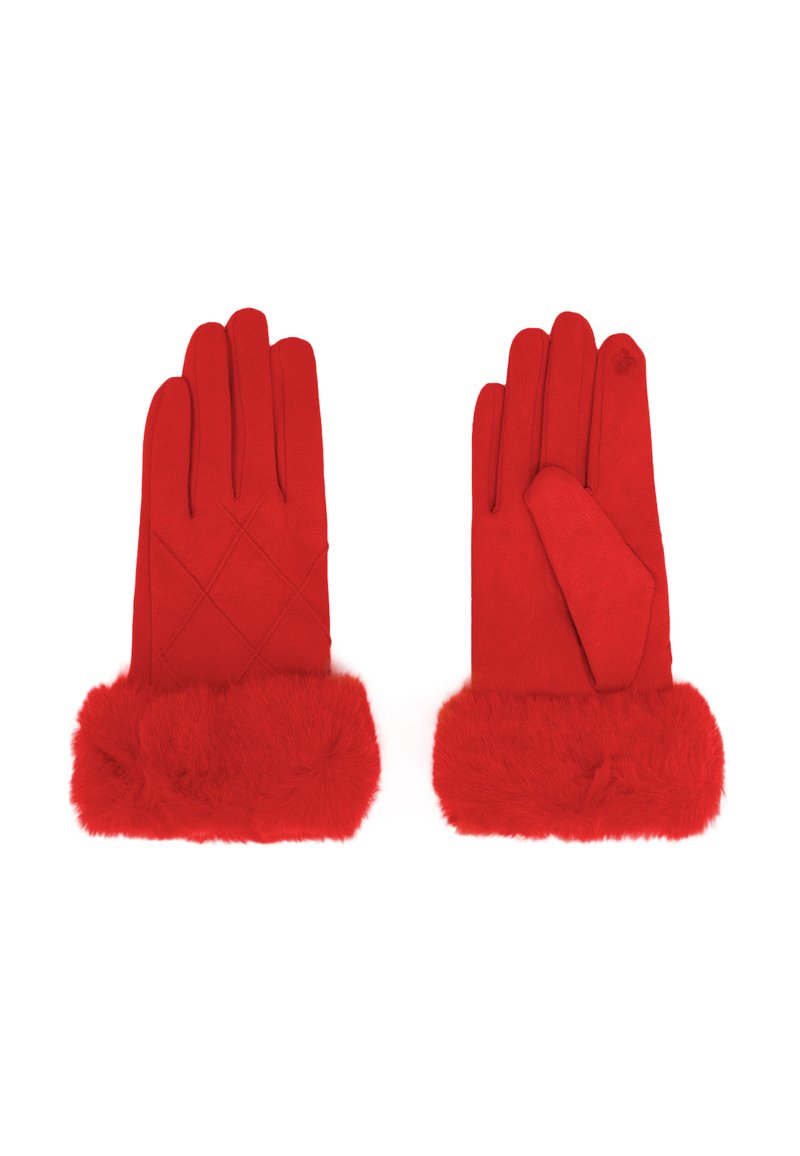 Guanti rossi con un design trapuntato sulle dita e un polsino soffice e texturizzato. Realizzati in materiale morbido per calore e comfort.