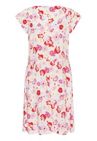 Robe floral à manches courtes, avec un fond jaune clair et des motifs de fleurs rouges, roses et lavande. Tissu doux, coupe décontractée.