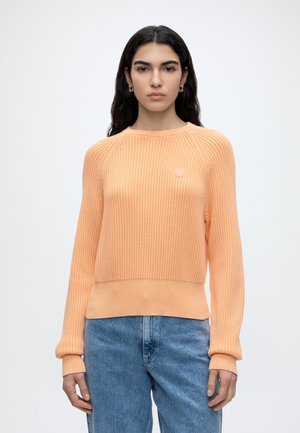 Ung kvinde med langt mørkt hår iført guldbøjleøreringe, en ferskenfarvet strikket sweater og blå jeans, stående mod en ensartet lys baggrund.