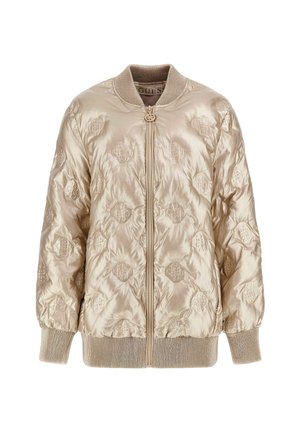 Beige Bomberjacke aus glänzendem gestepptem Material mit geprägten Logo-Mustern. Verfügt über einen Frontreißverschluss sowie gerippte Bündchen und Bund.