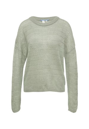 Pull en tricot vert clair avec un col rond, des manches amples et un motif de trame ouverte. Détails texturés sur tout le tissu.