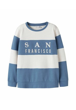 Sweatshirt à manches longues en col rond avec des rayures horizontales bleu et blanc et "SAN FRANCISCO" brodé sur la poitrine.