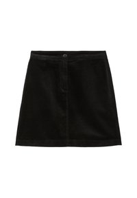 Jupe en velours côtelé noir avec une coupe droite, dotée d'une fermeture à boutons sur le devant et d'une texture à côtes verticales subtils. Pas de poches visibles.