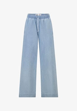 Pantalones vaqueros de color azul claro de corte holgado con cintura elástica y cordón frontal, piernas rectas y anchas, sin bolsillos visibles ni adornos.