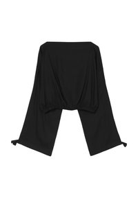 Top nero off-the-shoulder con maniche ampie e orlo arricciato, realizzato in tessuto leggero. Presenta legami laterali per una vestibilità regolabile.