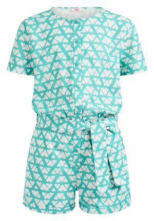 Turkusowy kombinezon z krótkim rękawem w biały wzór serc, z okrągłym dekoltem, guzikami z przodu i dopasowanym paskiem wiązanym w talii.