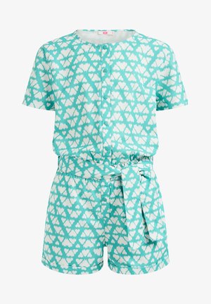 Combinaison turquoise à manches courtes avec motif de cœurs blancs, dotée d'un col rond, de boutons devant et d'une ceinture assortie à nouer à la taille.