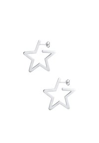 Silver star-shaped earrings with a hollow design, featuring a push-back clasp. Smooth texture and contemporary geometric style.