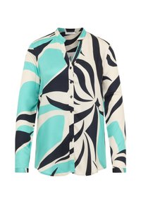 Buntes Langarmhemd mit einem Blattmuster in Türkis, Marineblau und Creme. Es hat einen Kragen und eine durchgehende Knopfleiste. Glatte Stofftextur.