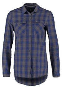 Camicia a maniche lunghe a scacchi in tonalità blu e marrone, con chiusura a bottoni frontale, due tasche sul petto e un design con orlo arrotondato.