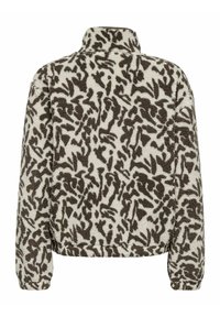 Veste polaire avec col montant et motif abstrait noir et blanc, manches longues, ourlet et poignets élastiques.