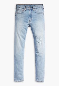 Ljusblå denimjeans med smal passform, med ett slitet hål på höger knä, knappar och standardfickor.