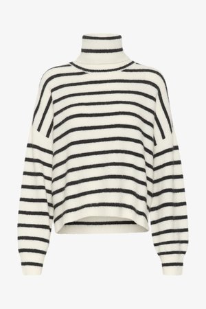 Striped turtleneck sweater in cream and black. Soft, textured fabric with wide sleeves and a cropped hem. Features horizontal stripes.