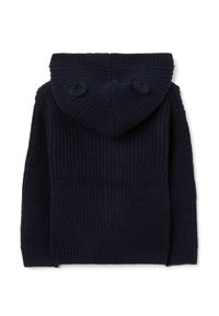 Marineblaue Strickjacke mit strukturiertem Rippmuster, verfügt über eine spitze Kapuze und abgerundete Akzente, die ein lässiges, gemütliches Design präsentieren.