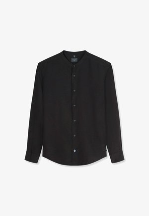Zwart herenshirt met lange mouwen, mandarijnkraag en knoopsluiting aan de voorkant, inclusief een contrasterende witte knoop aan de zoom.