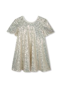 Robe scintillante avec des manches courtes, un col rond et une forme évasée. Confectionnée en tissu pailleté dans des tons argentés et beiges avec une finition lisse.