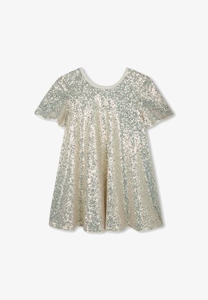 Glitters jurk met korte mouwen, ronde halslijn en flare-vorm. Gemaakt van paillettenstof in zilveren en beige tinten met een gladde afwerking.