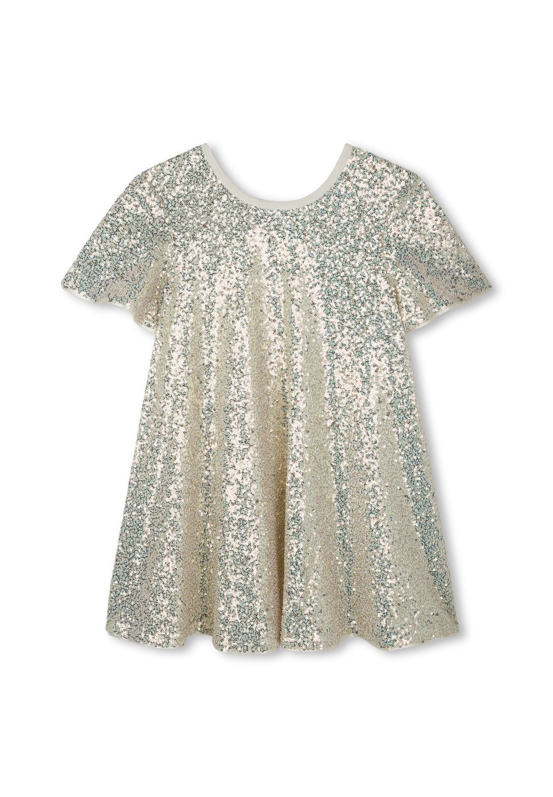 Robe scintillante avec des manches courtes, un col rond et une forme évasée. Confectionnée en tissu pailleté dans des tons argentés et beiges avec une finition lisse.