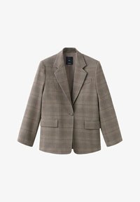 Blazer de cuadros en marrón y beige, con solapa con muesca, cierre de un solo botón, dos bolsillos delanteros y diseño de corte holgado.