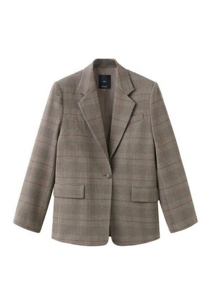 Blazer à carreaux marron et beige, avec un col cranté, une fermeture par un bouton, deux poches avant et une coupe ample.