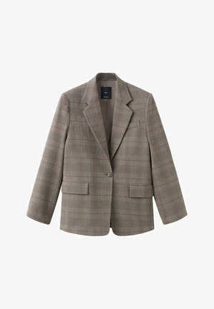 Blazer à carreaux marron et beige, avec un col cranté, une fermeture par un bouton, deux poches avant et une coupe ample.